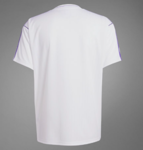 Back view of a white T-shirt with purple piping along the sleeves and neckline.