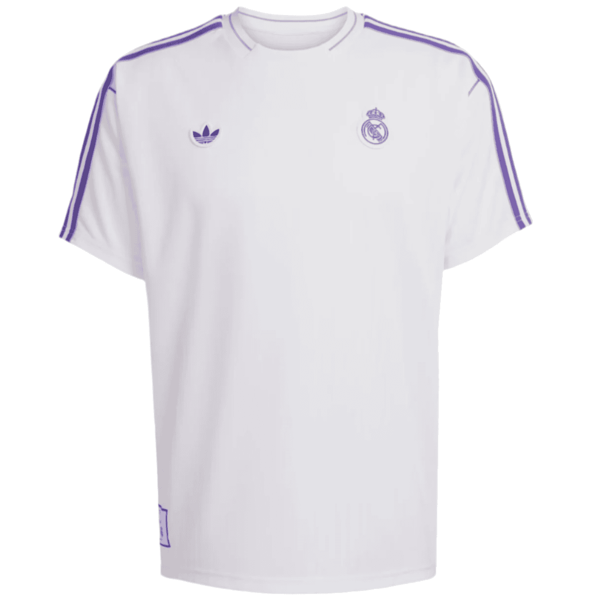 White Real Madrid soccer jersey with purple Adidas stripes on shoulders and sleeves.