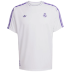 White Real Madrid soccer jersey with purple Adidas stripes on shoulders and sleeves.