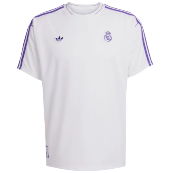 White Real Madrid soccer jersey with purple Adidas stripes on shoulders and sleeves.