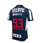 Back view of a dark blue sports jersey with the number 93 and the name Sergio Ramos in red, alongside Tecate and H-E-B logos.