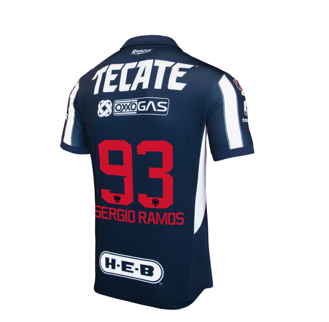 Screenshot_2025-03-22_205840 Back view of a dark blue sports jersey with the number 93 and the name Sergio Ramos in red, alongside Tecate and H-E-B logos.