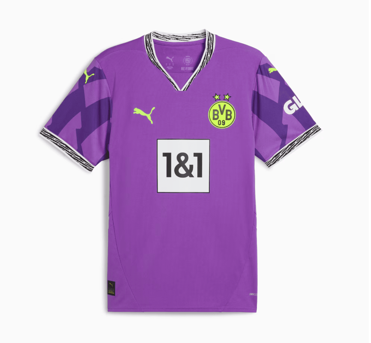 Purple Borussia Dortmund football jersey with neon yellow crest, Puma logo, and 1&1 sponsor on the chest, v-neck with striped trim
