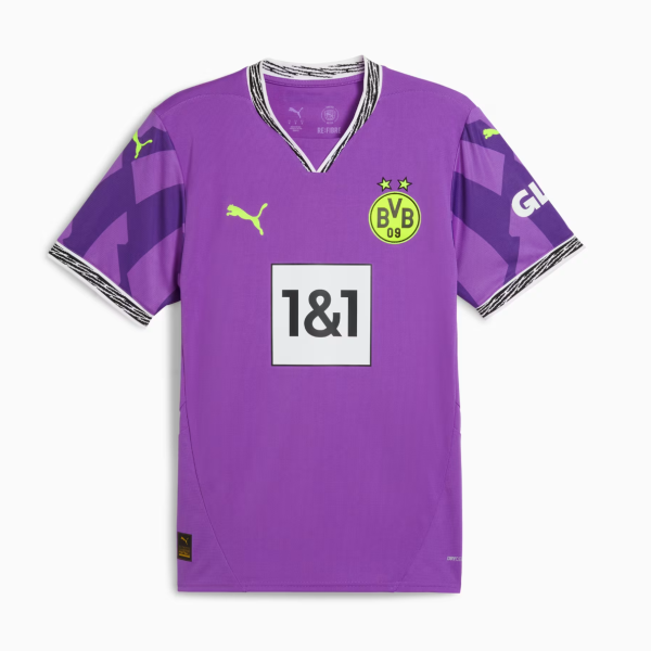 Purple Borussia Dortmund football jersey with neon yellow crest, Puma logo, and 1&1 sponsor on the chest, v-neck with striped trim