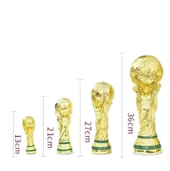 Five gold trophies arranged from smallest to largest, with height marks from 13 cm to 36 cm, showing increasing sizes.