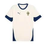 White Portugal national team soccer jersey with blue collar and cuffs, blue side panels, Puma logo on the chest, and the Portugal crest on the other side.