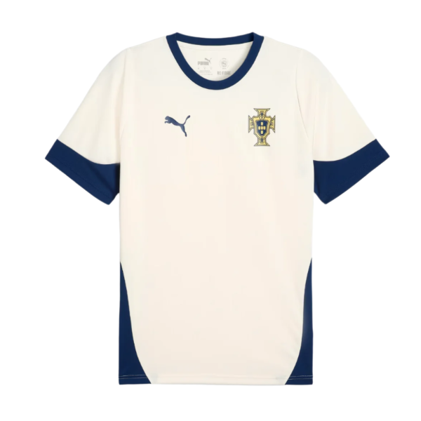 White Portugal national team soccer jersey with blue collar and cuffs, blue side panels, Puma logo on the chest, and the Portugal crest on the other side.