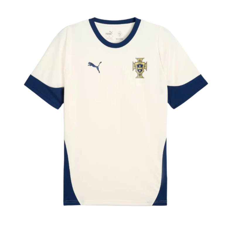 White Portugal national team soccer jersey with blue collar and cuffs, blue side panels, Puma logo on the chest, and the Portugal crest on the other side.