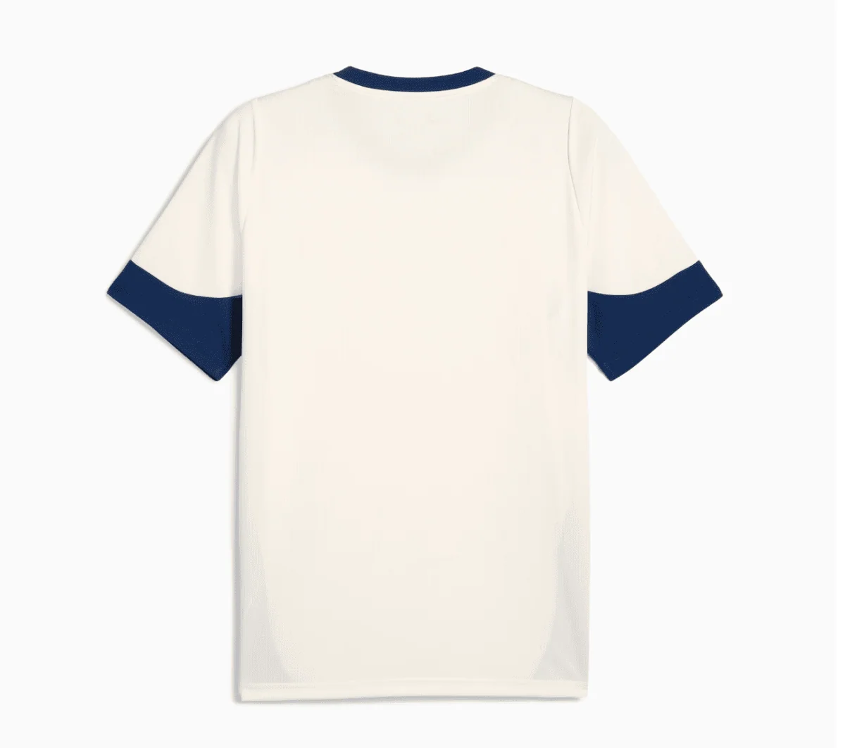 Back view of a white short-sleeve shirt with navy blue collar and sleeve cuffs.
