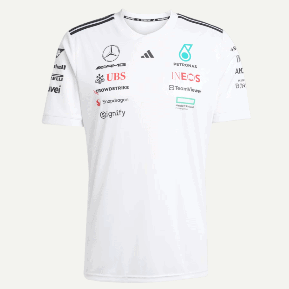 White polo-style shirt with multiple sponsor logos (Mercedes, AMG, Adidas, Petronas, INEOS, UBS, CrowdStrike, TeamViewer, Snapdragon, Signify, Hewlett Packard Enterprise) arranged in two columns on the chest.