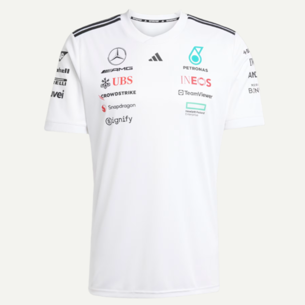 White polo-style shirt with multiple sponsor logos (Mercedes, AMG, Adidas, Petronas, INEOS, UBS, CrowdStrike, TeamViewer, Snapdragon, Signify, Hewlett Packard Enterprise) arranged in two columns on the chest.
