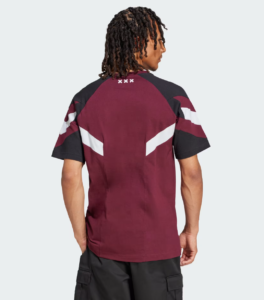 Back view of a man wearing a maroon and black color-block T-shirt with white chevron stripes on the sleeves; four small white X marks near the neckline on the upper back.