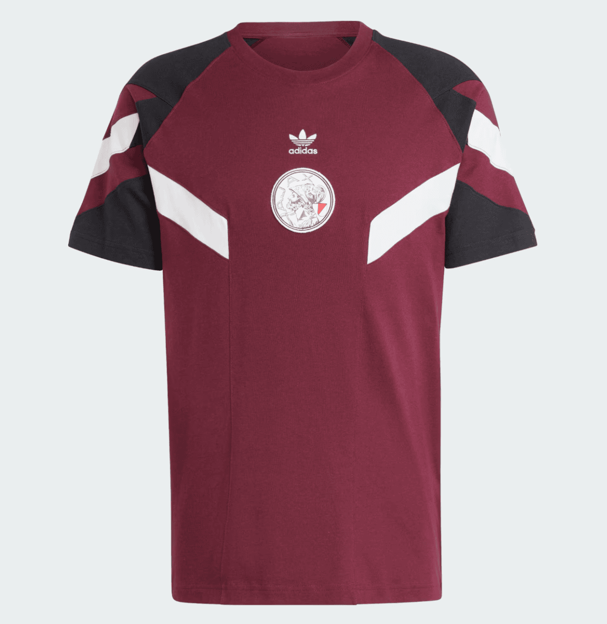 Maroon Adidas short-sleeve T-shirt with black shoulders and white chevron panels, featuring a round emblem on the chest.