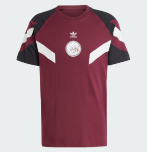 Maroon Adidas short-sleeve T-shirt with black shoulders and white chevron panels, featuring a round emblem on the chest.
