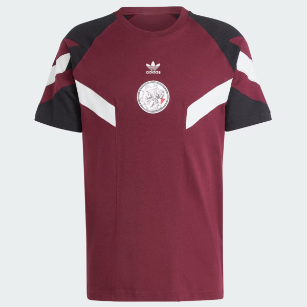 Maroon Adidas short-sleeve T-shirt with black shoulders and white chevron panels, featuring a round emblem on the chest.