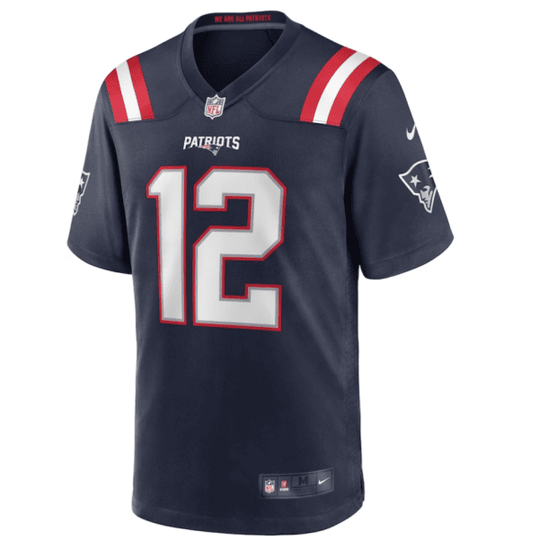 Screenshot_2025-04-17_053024 - UAE SPORT STORE navy Patriots football jersey with large white number 12 outlined in red, featuring red/white shoulder stripes and NFL/Nike logos