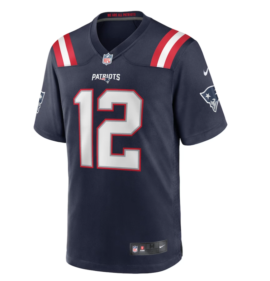 Screenshot_2025-04-17_053024 | UAE SPORT STORE navy Patriots football jersey with large white number 12 outlined in red, featuring red/white shoulder stripes and NFL/Nike logos