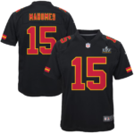 Black Kansas City Chiefs Patrick Mahomes jersey with large red 15 outlined in yellow on the front; back shows 'MAHOMES' and a 15. Includes LIV Super Bowl patch on the chest.