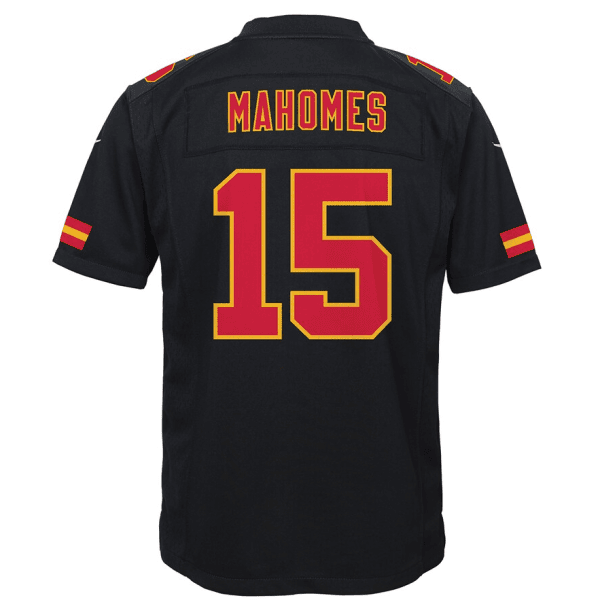 Back view of a black football jersey with the name 'MAHOMES' and large red '15' outlined in yellow on the back, worn by a player/identity not shown.