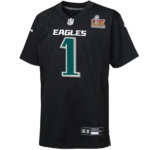 Black Philadelphia Eagles football jersey with large teal number 1 and 'EAGLES' text across the chest, featuring NFL and Super Bowl patches on the chest and sleeve.