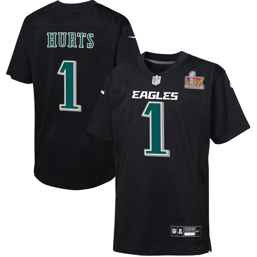 Black Philadelphia Eagles NFL jersey, front shows number 1 and team logo; back displays 'HURTS' with number 1 as a replica jersey.