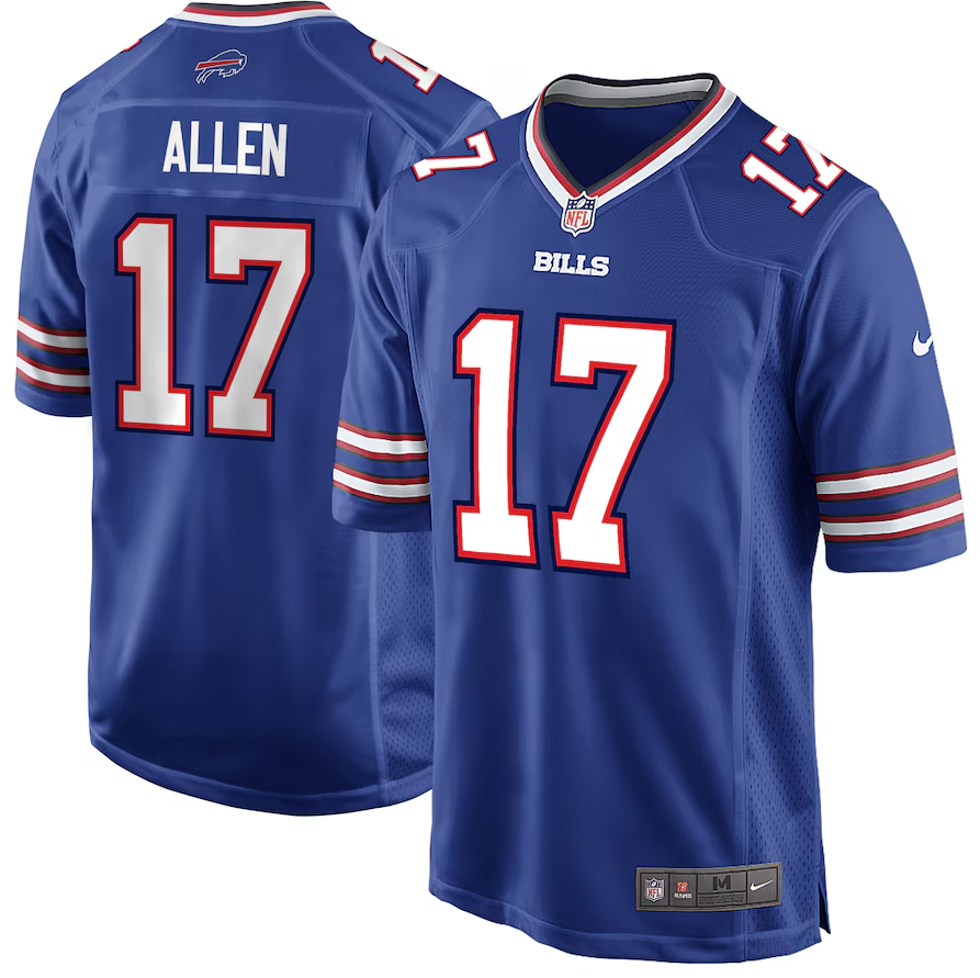Pair of blue Buffalo Bills jerseys showing the number 17: front displays 'BILLS' and large 17, back shows 'ALLEN' with 17.