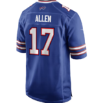 Back view of a blue NFL football jersey with 'ALLEN' and the number '17' in white with red outline, featuring team logo and striped sleeves.