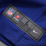 Close-up of a blue jersey collar with NFL and Nike patches, showing size label 'L' (large).