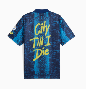 Back of a blue graphic T-shirt with bold yellow script reading 'City Till I Die' down the center.