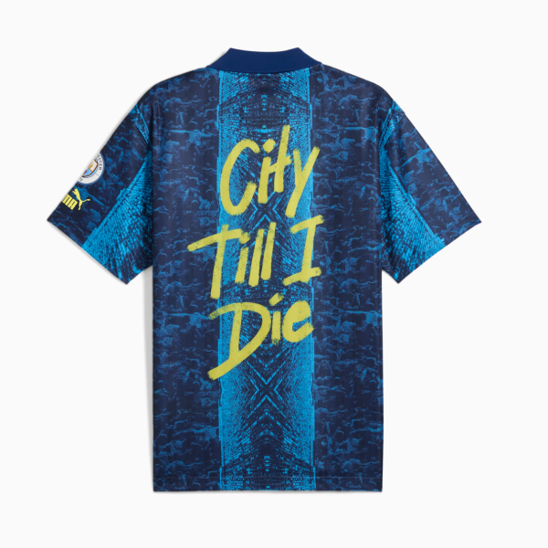 Back of a blue graphic T-shirt with bold yellow script reading 'City Till I Die' down the center.