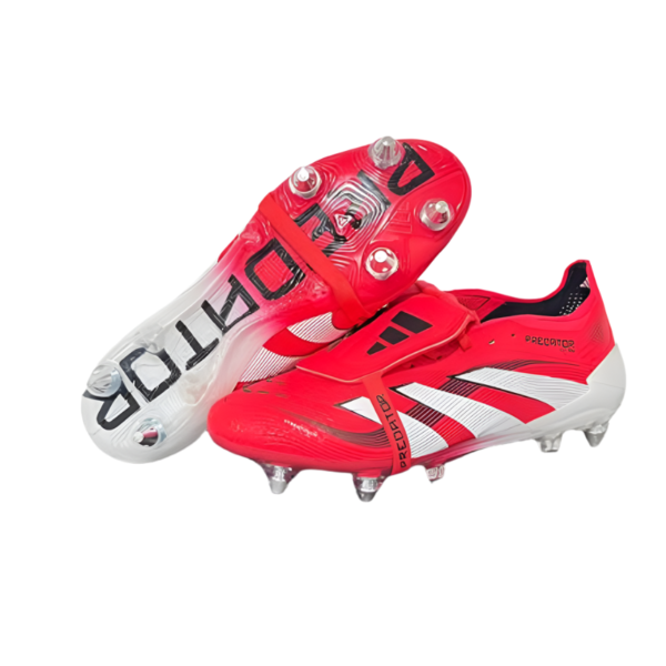 Red Adidas Predator soccer cleats with white accents and metal studs, two shoes overlapped for a product photo.