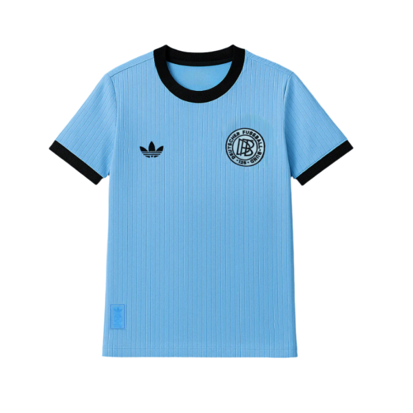 Light blue pinstripe soccer jersey with black collar and cuffs, featuring the Adidas trefoil logo and a circular team crest on the chest.
