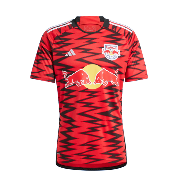 Red Bull New York soccer jersey with bold red and black zigzag pattern, featuring the team crest on the chest and Adidas stripes along the shoulders.