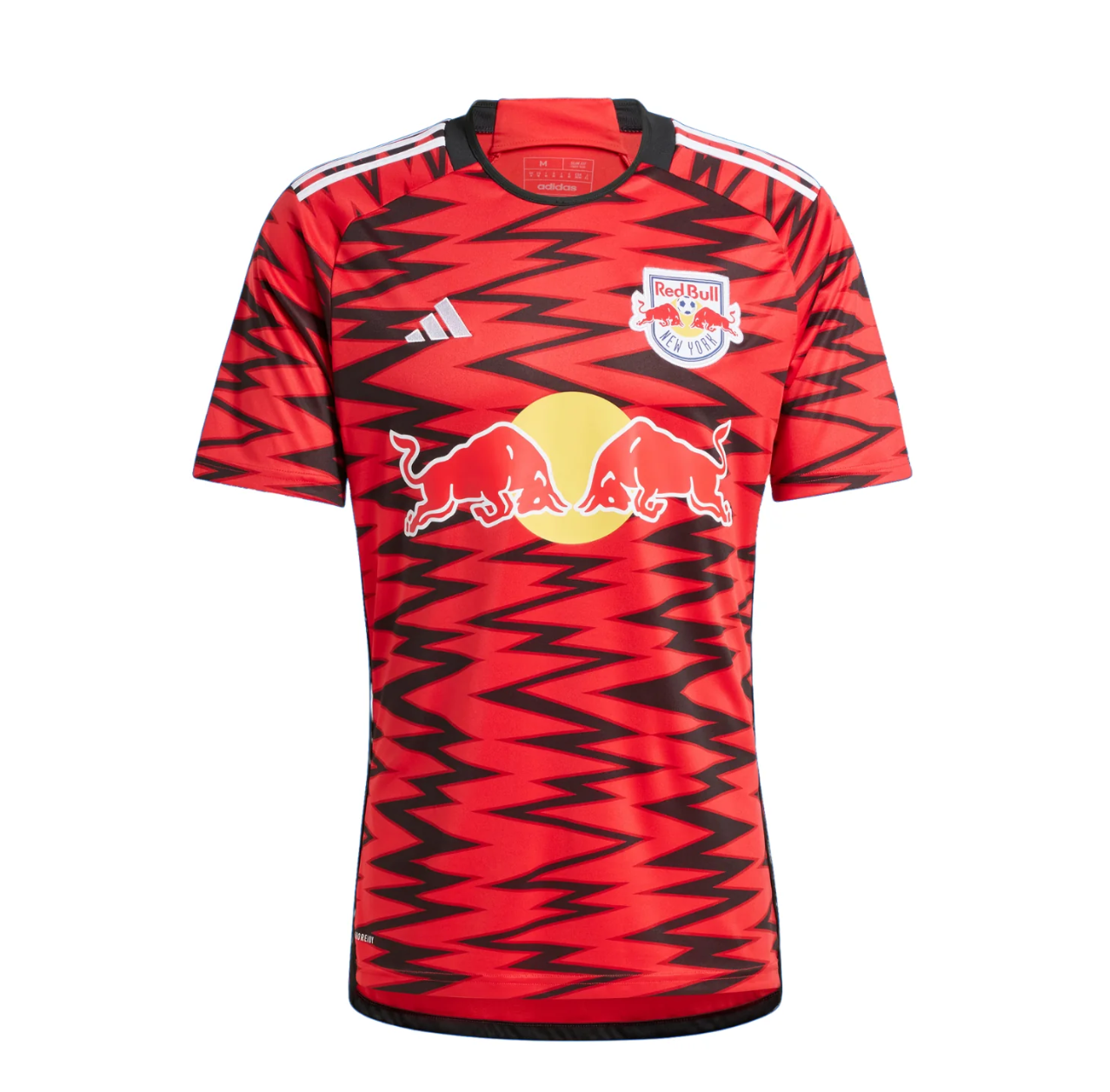 Screenshot_2025-05-10_214424 Red Bull New York soccer jersey with bold red and black zigzag pattern, featuring the team crest on the chest and Adidas stripes along the shoulders.