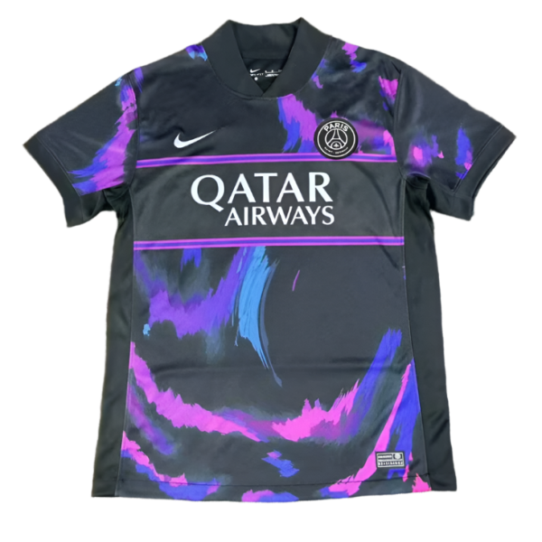 Paris Saint-Germain soccer jersey with Qatar Airways sponsor, black base with purple brushstroke patterns, Nike logo and club crest on chest.