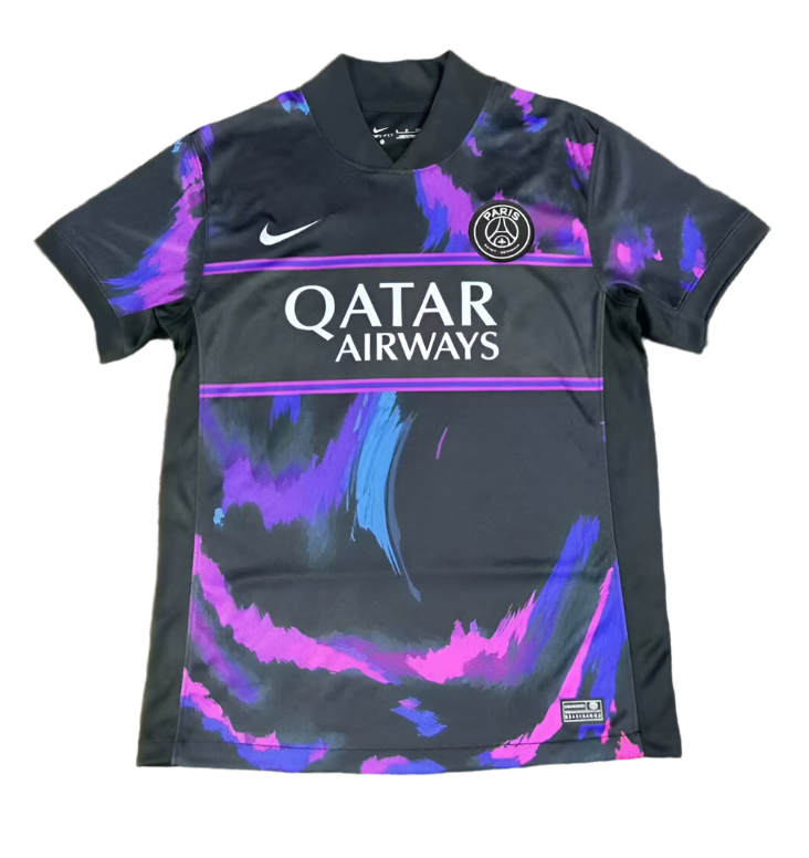 Screenshot_2025-05-27_204108 Paris Saint-Germain soccer jersey with Qatar Airways sponsor, black base with purple brushstroke patterns, Nike logo and club crest on chest.