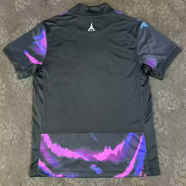 Back view of a black polo shirt with purple-pink abstract patterns on the sleeves and lower back, plus a small white logo near the upper back center.