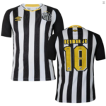 Santos FC jersey front and back: black-and-white vertical stripes, Umbro logo, Neymar Jr 10 on back with yellow lettering and number