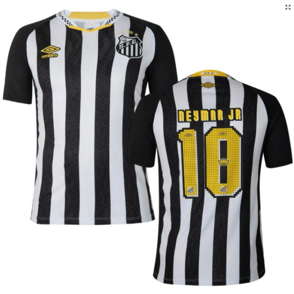 Santos FC jersey front and back: black-and-white vertical stripes, Umbro logo, Neymar Jr 10 on back with yellow lettering and number