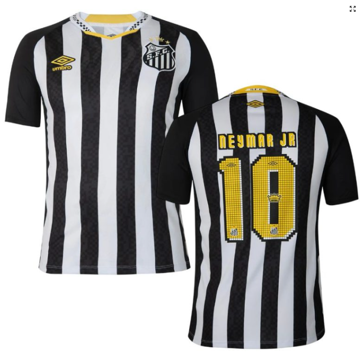 Screenshot_2025-05-27_210225 Santos FC jersey front and back: black-and-white vertical stripes, Umbro logo, Neymar Jr 10 on back with yellow lettering and number