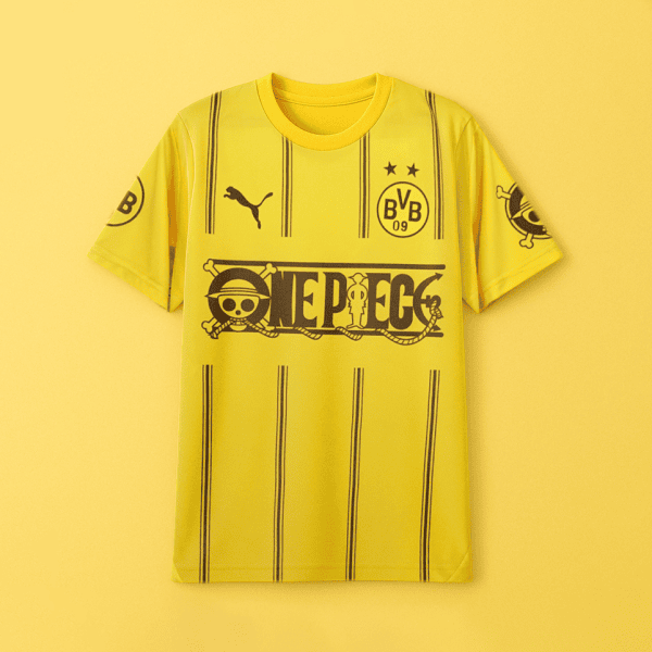 Yellow t-shirt with black graphic: One Piece collaboration featuring a skull-and-crossbones logo and BVB 09 crest, stripes along the front.