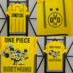 Yellow Dortmund football jersey featuring One Piece artwork, BVB badge, and 'DORTMUND' text across the back of the crowd-panel design.