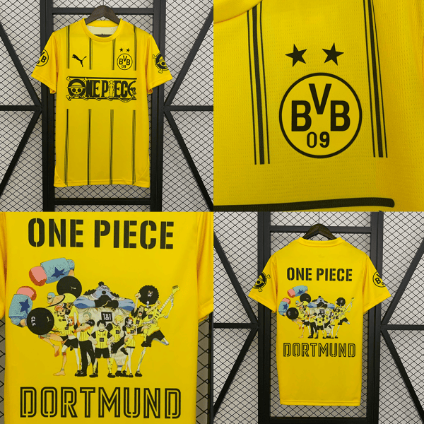 Screenshot_2025-05-28_194911 - UAE SPORT STORE Yellow Dortmund football jersey featuring One Piece artwork, BVB badge, and 'DORTMUND' text across the back of the crowd-panel design.