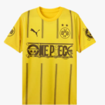 Yellow Borussia Dortmund football jersey with vertical black stripes, featuring a One Piece banner and pirate skull graphic, BVB crest, and PUMA logo.