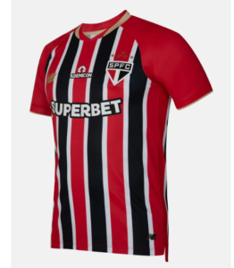 Red, black, and white striped football jersey featuring the São Paulo FC crest and the SUPERBET sponsor logo on the chest.