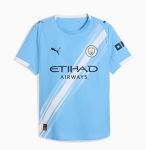 Light blue Manchester City football jersey with diagonal white stripes and the Etihad Airways sponsor logo.