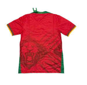 Red athletic jersey with green stripes on the sides and yellow-trimmed sleeves, featuring a large lion graphic on the back side.