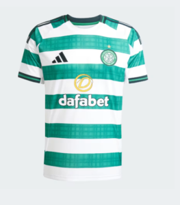 Celtic FC green-and-white striped jersey with sponsor Dafabet, Adidas logo, and club crest on the chest.