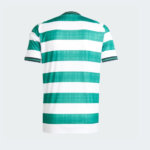 Back view of a white t-shirt with wide green horizontal stripes and dark trim on sleeves and neck edge