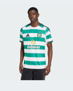 Celtic FC home jersey with green and white hoops, sponsor Dafabet, worn by a model against a light background.